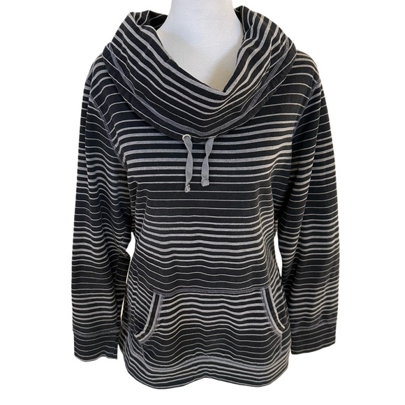 Cozy Sweatshirt Women's L Gray Black Stripe Cowl-Neck Turtleneck Kangaroo Pocket - Picture 1 of 14